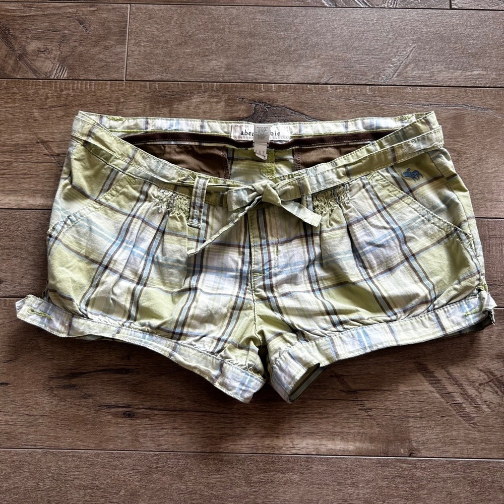 Y2K Abercrombie Kids Plaid Shorts Lime Green Blue Tie Belt Girls 14/Women's S